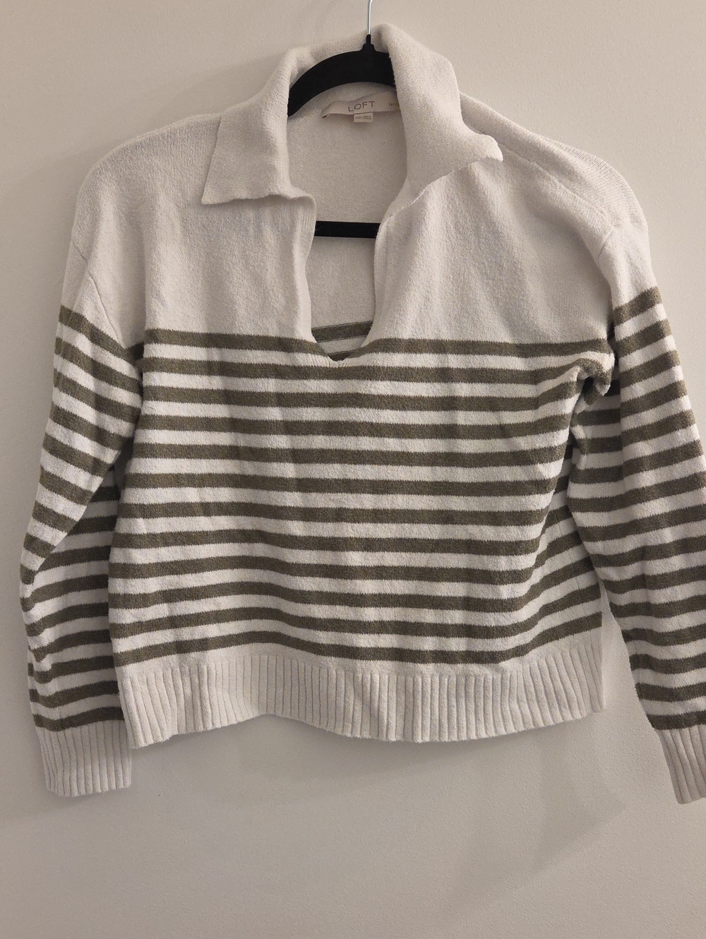 LOFT Cream and Olive Striped Collared V-Neck Sweater